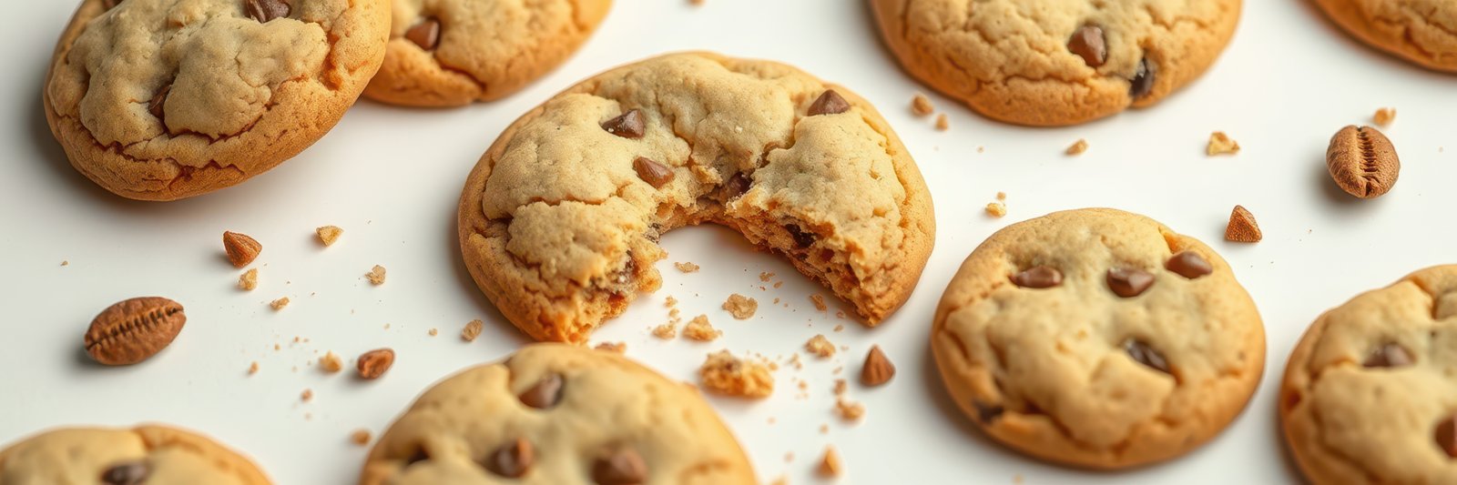 Freshly baked chocolate chip cookies surrounded by crumbs and coffee beans on a white background